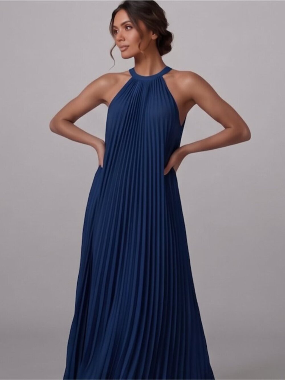 Blue Accordion Pleated Halter Maxi Dress
